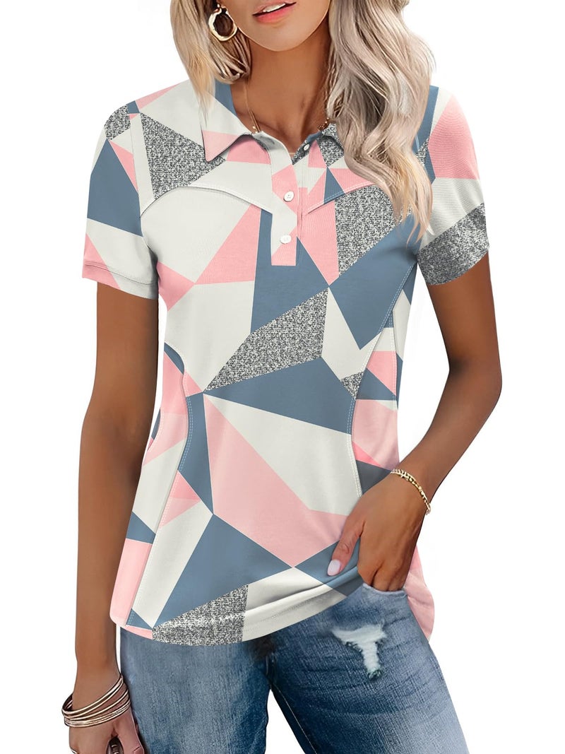 TFSDOD Women's Hawaiian Golf Shirts for Women Summer Quick Dry Moisture Wicking Cotton Polo Shirt Short Sleeve Collared Tee Floral Pink M - Image 1