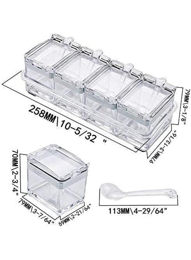DUNISO صندوق توابل، صندوق توابل أكريليك كريستالي، صندوق جرة توابل أكريليك شفاف 4 خلايا مع غطاء وملعقة، موفر للمساحة، سهل التنظيف، للمطبخ، المنضدة، تخزين الطعام - Image 4