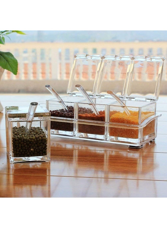 DUNISO صندوق توابل، صندوق توابل أكريليك كريستالي، صندوق جرة توابل أكريليك شفاف 4 خلايا مع غطاء وملعقة، موفر للمساحة، سهل التنظيف، للمطبخ، المنضدة، تخزين الطعام - Image 3