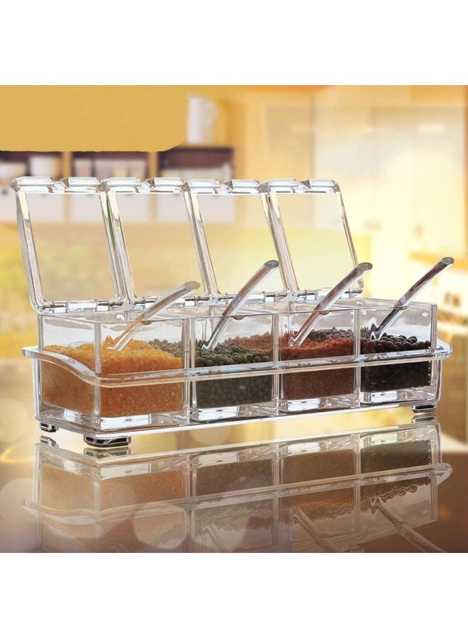 DUNISO صندوق توابل، صندوق توابل أكريليك كريستالي، صندوق جرة توابل أكريليك شفاف 4 خلايا مع غطاء وملعقة، موفر للمساحة، سهل التنظيف، للمطبخ، المنضدة، تخزين الطعام - Image 1