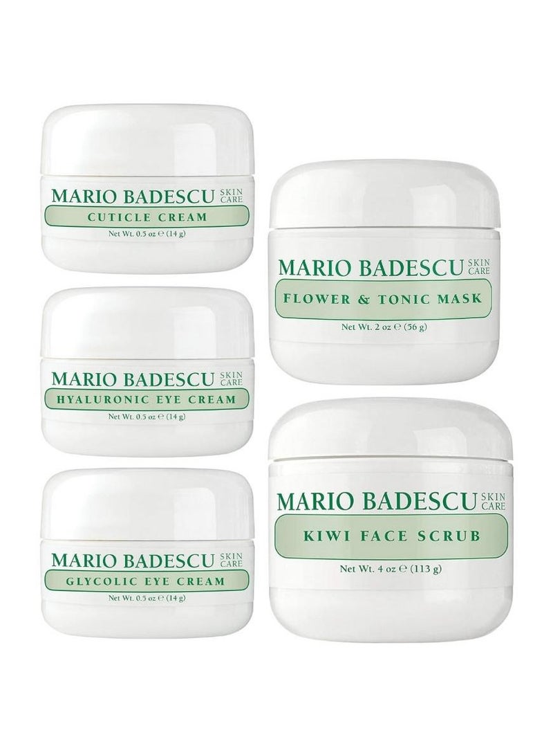 MARIO BADESCU Mario Badescu Glycolic Eye Cream, 0.5 Oz, Cuticle Cream, 0.5 oz, Hyaluronic Eye Cream 0.5 oz, Flower & Tonic Mask, 2 oz and Kiwi Face Scrub, 4 oz - Image 1