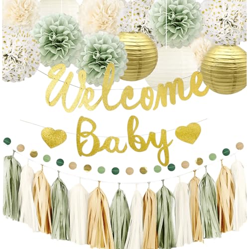 Kiwayo Baby Shower Decorations Sage Green Gold for Neutral Gender Boy GirlGlitter Welcome Baby Sign BannerPomPomsLanternsCircle DotTassels Garland Safari Woodland Jungle Boho Theme Party Supplies - Image 1