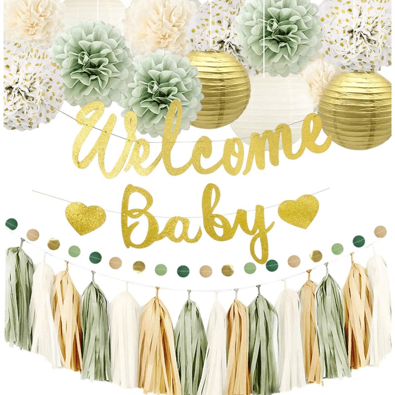 Kiwayo Baby Shower Decorations Sage Green Gold for Neutral Gender Boy GirlGlitter Welcome Baby Sign BannerPomPomsLanternsCircle DotTassels Garland Safari Woodland Jungle Boho Theme Party Supplies - Image 2