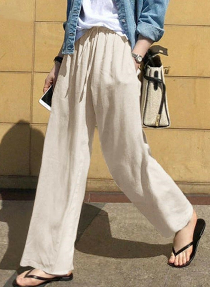 Loquat Womens Cotton Linen Pants Drawstring Elastic Waist Casual Wide Leg Trousers with Pockets Beige  - Image 1