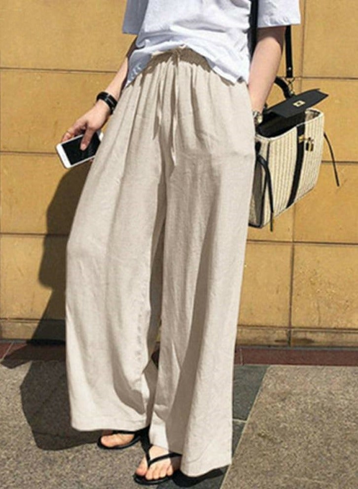 Loquat Womens Cotton Linen Pants Drawstring Elastic Waist Casual Wide Leg Trousers with Pockets Beige  - Image 2