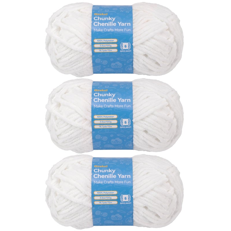 Etcokei Chenille Yarn #6, Super Bulky Blanket Yarn for Crocheting & Knitting, Extra Soft Chunky Thick Yarn, Easy to Crochet, Perfect for Amigurumi, Baby Blankets, DIY Home Decor, 3Skeins(300g/10.5oz), White - Image 1