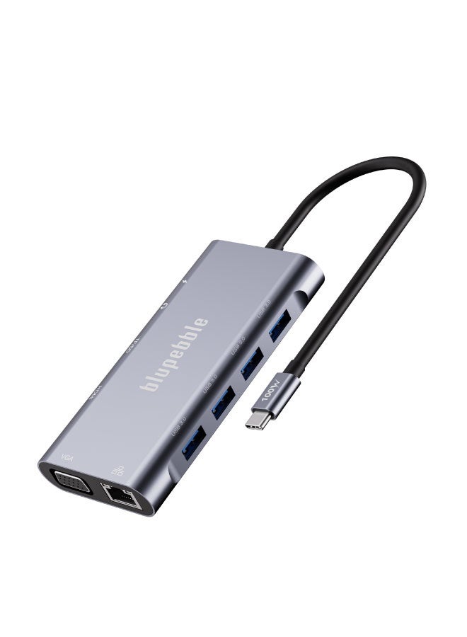 blupebble C11 Multiport Aluminum 11-in-1 Multimedia Hub | 4K HDMI, VGA, Gigabit Ethernet, USB-C PD, USB 3.0 & USB 2.0 Ports, TF/SD Card Reader, AUX 3.5mm Audio Jack - Image 1
