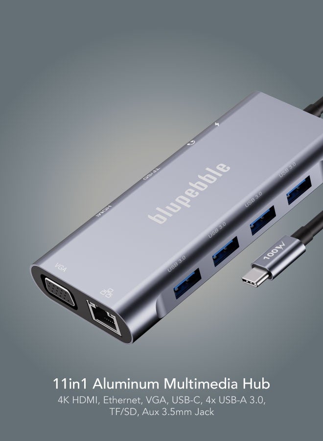 blupebble C11 Multiport Aluminum 11-in-1 Multimedia Hub | 4K HDMI, VGA, Gigabit Ethernet, USB-C PD, USB 3.0 & USB 2.0 Ports, TF/SD Card Reader, AUX 3.5mm Audio Jack - Image 2