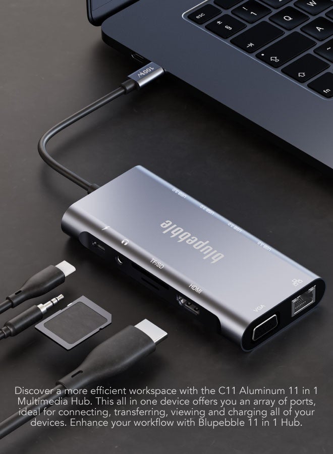 blupebble C11 Multiport Aluminum 11-in-1 Multimedia Hub | 4K HDMI, VGA, Gigabit Ethernet, USB-C PD, USB 3.0 & USB 2.0 Ports, TF/SD Card Reader, AUX 3.5mm Audio Jack - Image 4