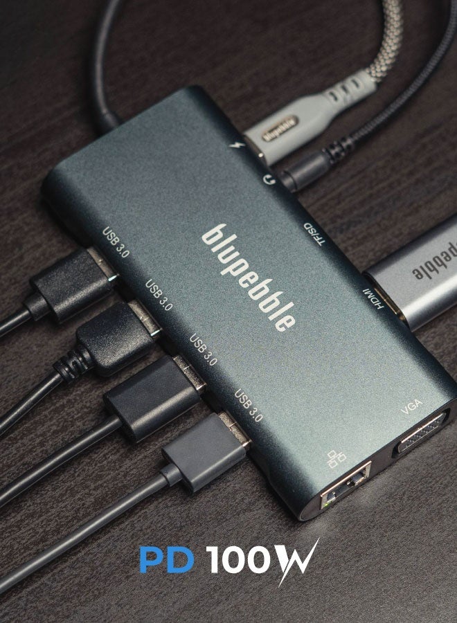 blupebble C11 Multiport Aluminum 11-in-1 Multimedia Hub | 4K HDMI, VGA, Gigabit Ethernet, USB-C PD, USB 3.0 & USB 2.0 Ports, TF/SD Card Reader, AUX 3.5mm Audio Jack - Image 5