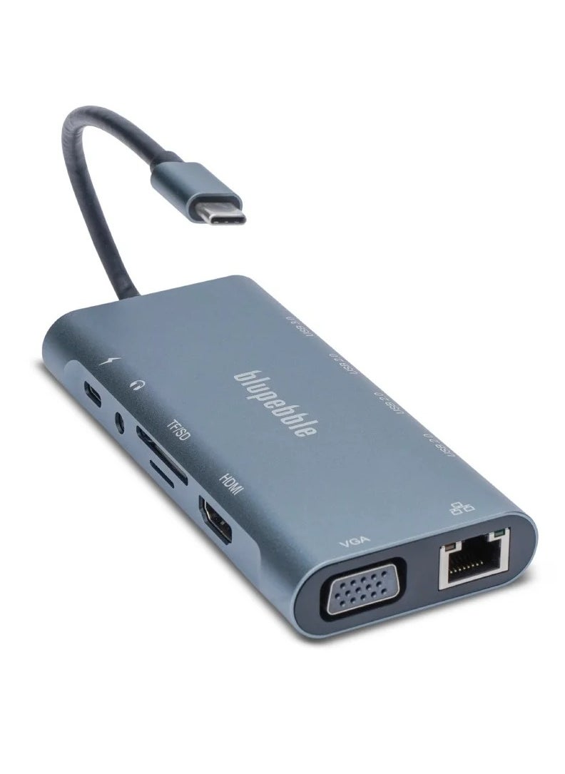 blupebble C11 Type-C 11 in 1 Multiport Docking Station Aluminium  Multimedia Hub  - 4K HDMI, Ethernet, VGA, USB-C, USB-A 2.0X3,USB-A 3.0, TF/SD, AUX 3.5mm Audio Ports Compatible for Macbook Dell HP  - Image 1