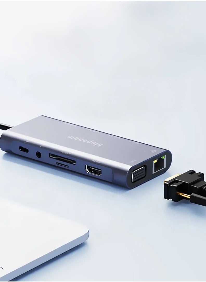 blupebble C11 Type-C 11 in 1 Multiport Docking Station Aluminium  Multimedia Hub  - 4K HDMI, Ethernet, VGA, USB-C, USB-A 2.0X3,USB-A 3.0, TF/SD, AUX 3.5mm Audio Ports Compatible for Macbook Dell HP  - Image 3