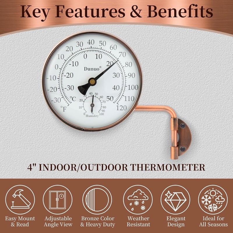 DUNUO 4" Brass Outdoor Thermometer, Indoor Thermometer for Room – Analog Wall-Mount Temperature Gauge with Humidity – Decorative for Patio, Garage, House, Greenhouse, Window, Antique Bronze - Image 3