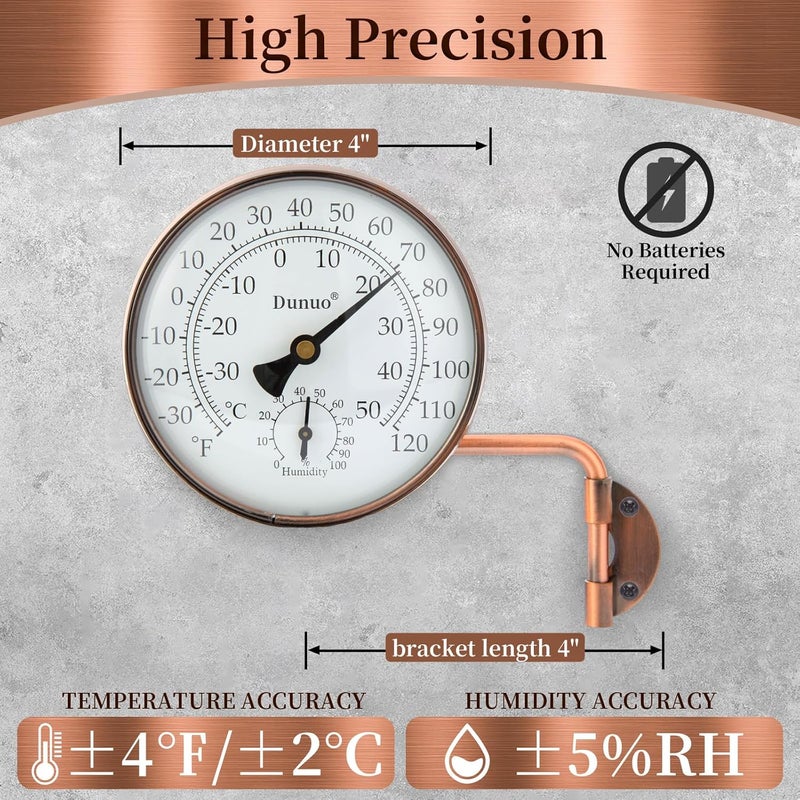 DUNUO 4" Brass Outdoor Thermometer, Indoor Thermometer for Room – Analog Wall-Mount Temperature Gauge with Humidity – Decorative for Patio, Garage, House, Greenhouse, Window, Antique Bronze - Image 2