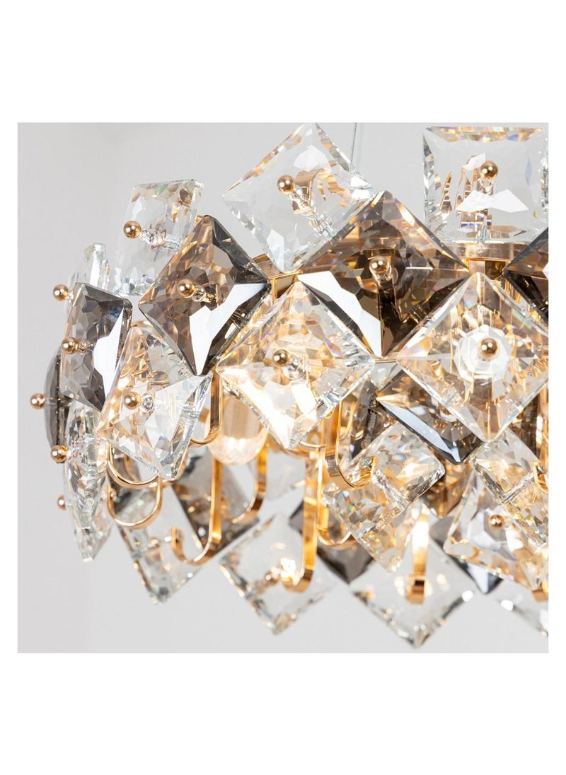 A modern crystal chandelier from Yukandel, a gray and transparent square cry