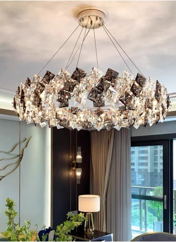 A modern crystal chandelier from Yukandel, a gray and transparent square cry