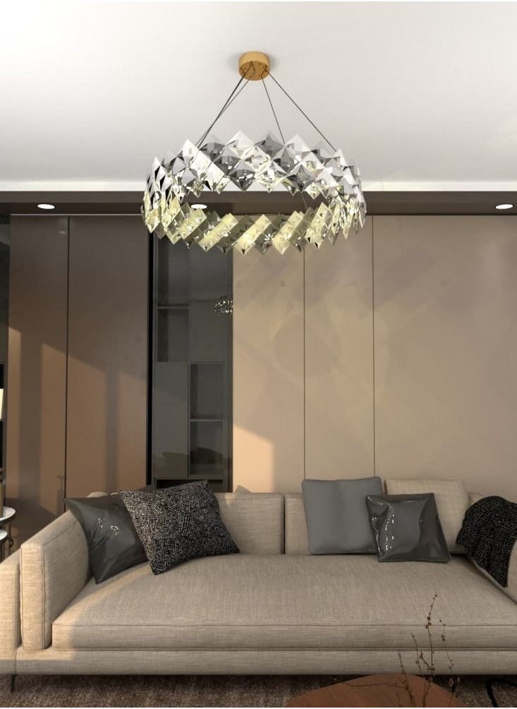 A modern crystal chandelier from Yukandel, a gray and transparent square cry