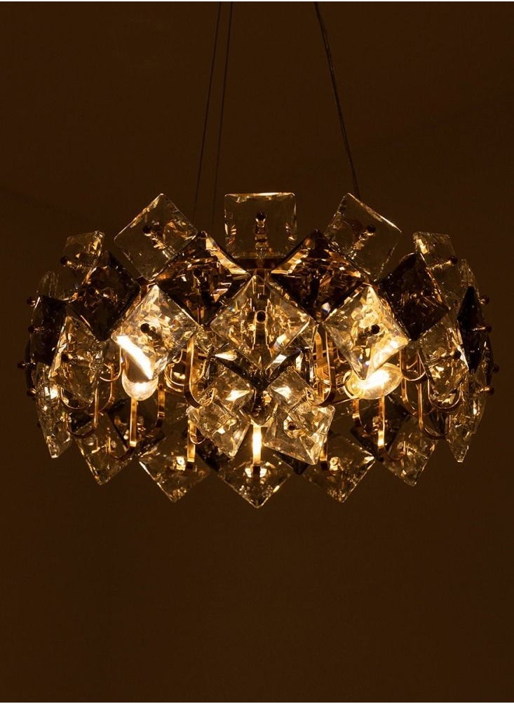 A modern crystal chandelier from Yukandel, a gray and transparent square cry