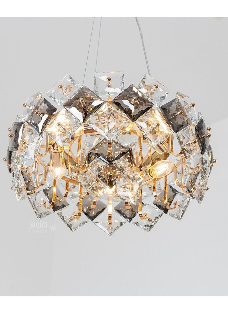 A modern crystal chandelier from Yukandel, a gray and transparent square cry