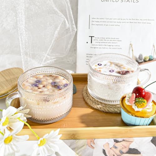 Icesip 14oz Vintage Coffee Mugs Glass of 6 Overnight Oats Glass Mug with Bamboo Lids Spoons Handle for Iced Coffee Latte Cereal Yogurt(Hobnail*3 & Sunflower*3 with Sealing Ring Lid) - Image 2