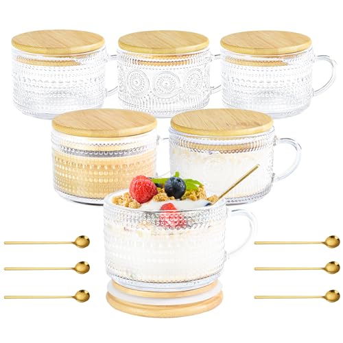 Icesip 14oz Vintage Coffee Mugs Glass of 6 Overnight Oats Glass Mug with Bamboo Lids Spoons Handle for Iced Coffee Latte Cereal Yogurt(Hobnail*3 & Sunflower*3 with Sealing Ring Lid) - Image 1