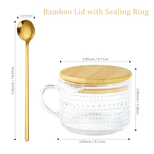 Icesip 14oz Vintage Coffee Mugs Glass of 6 Overnight Oats Glass Mug with Bamboo Lids Spoons Handle for Iced Coffee Latte Cereal Yogurt(Hobnail*3 & Sunflower*3 with Sealing Ring Lid) - Image 4