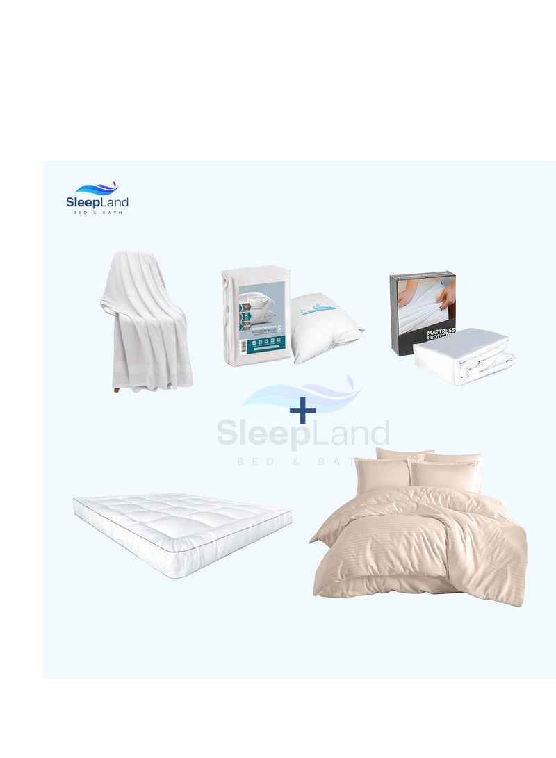 سليب لاند بكج النوم الفندقي – لباد 200×200 سم + واقي مرتبة + طقم واقي مخدة + منشفة قطن 70×140 سم + مفرش فندقي بيج - Image 1