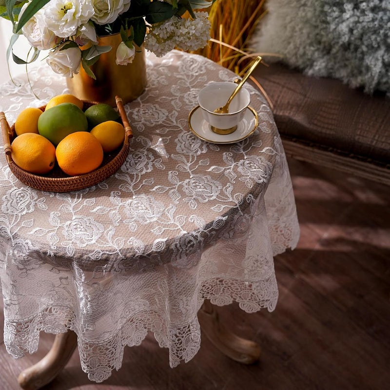 ARTABLE Rectangle Small Table Cloth Lace Macrame Vintage Tablecloth Shabby Chic Embroidered Oblong Table Cover for Wedding Banquet Holiday Long Dinner Tables Offwhite 51 Inch Round - Image 5