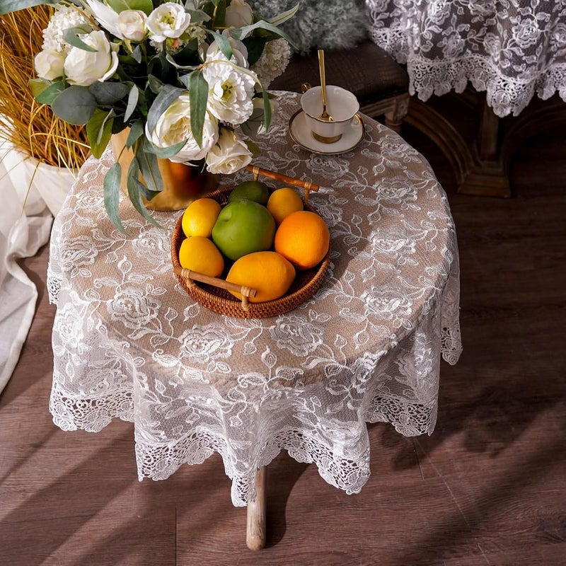 ARTABLE Rectangle Small Table Cloth Lace Macrame Vintage Tablecloth Shabby Chic Embroidered Oblong Table Cover for Wedding Banquet Holiday Long Dinner Tables Offwhite 51 Inch Round - Image 3