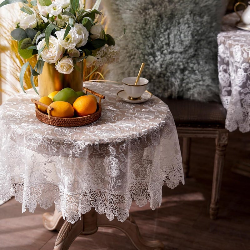 ARTABLE Rectangle Small Table Cloth Lace Macrame Vintage Tablecloth Shabby Chic Embroidered Oblong Table Cover for Wedding Banquet Holiday Long Dinner Tables Offwhite 51 Inch Round - Image 1