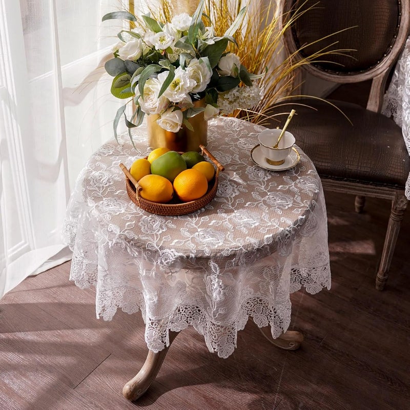 ARTABLE Rectangle Small Table Cloth Lace Macrame Vintage Tablecloth Shabby Chic Embroidered Oblong Table Cover for Wedding Banquet Holiday Long Dinner Tables Offwhite 51 Inch Round - Image 2
