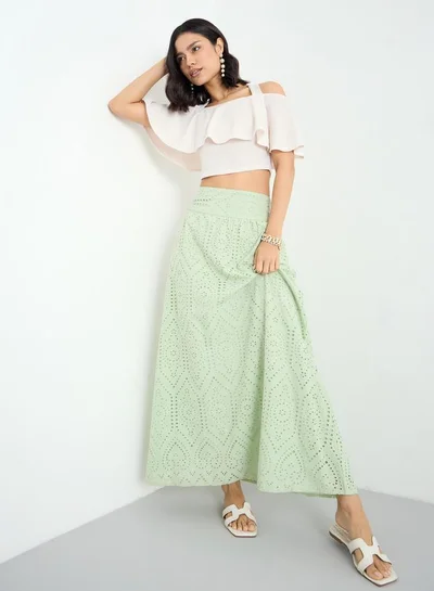 Styli Styli Green Schiffli Maxi Skirt