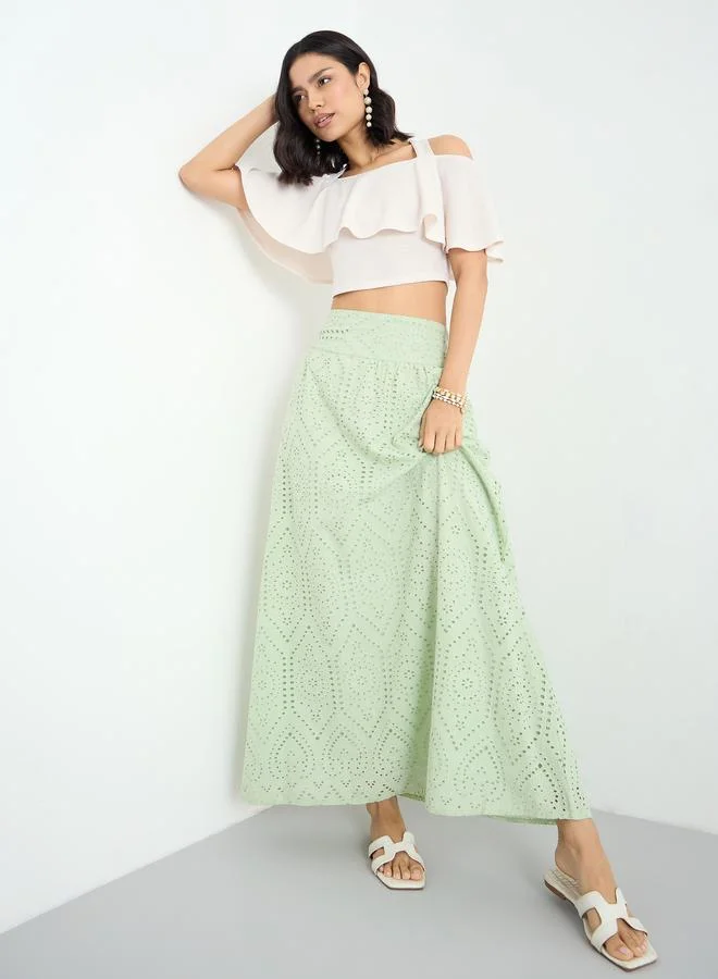 Styli Green Schiffli Maxi Skirt