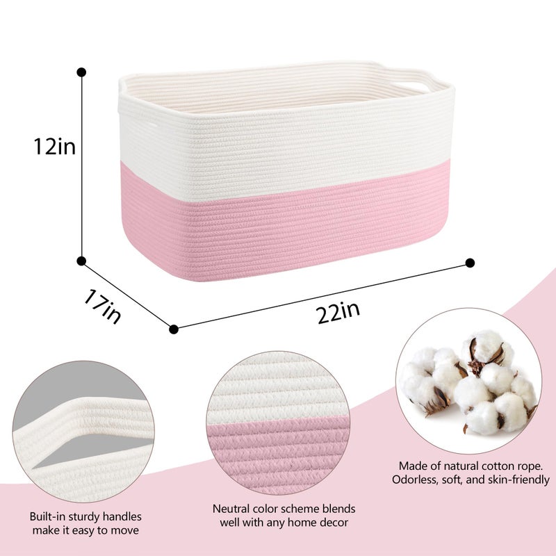 MEGASKET Large Pink Storage Basket, 22" x 17" x 12" Rectangle Cotton Rope Bin for Organizing, Woven Blanket storage for Living Room, Kids Toy Bin Box, Decorative Nursery Storage, Pink Room Decor - Image 2