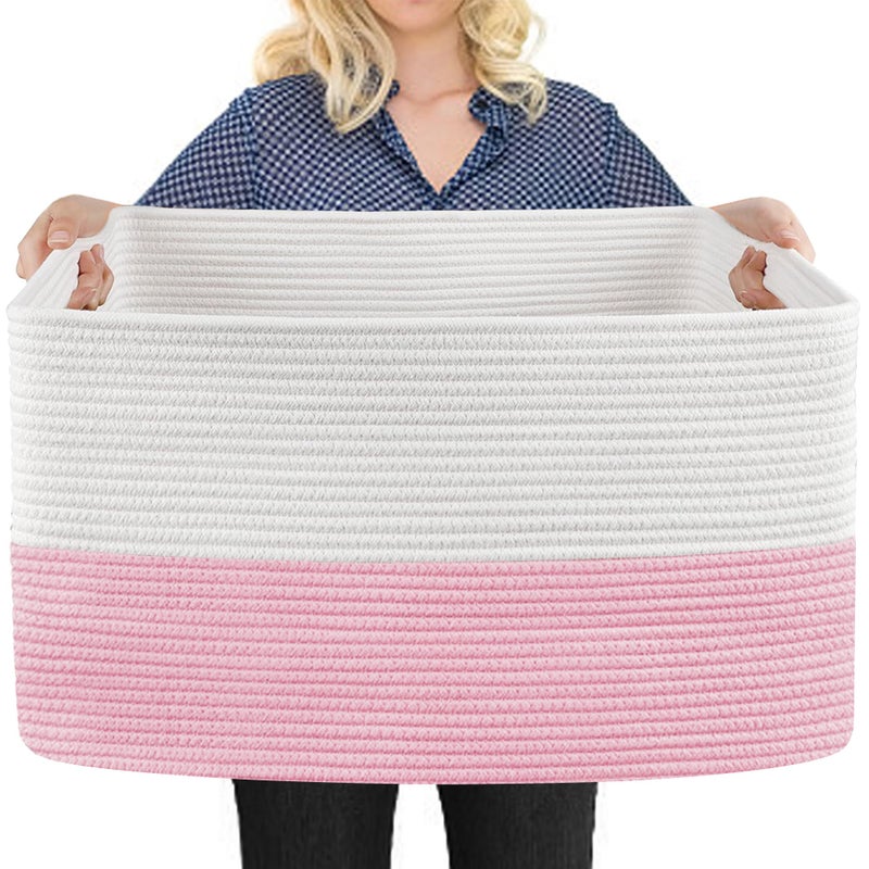 MEGASKET Large Pink Storage Basket, 22" x 17" x 12" Rectangle Cotton Rope Bin for Organizing, Woven Blanket storage for Living Room, Kids Toy Bin Box, Decorative Nursery Storage, Pink Room Decor - Image 1