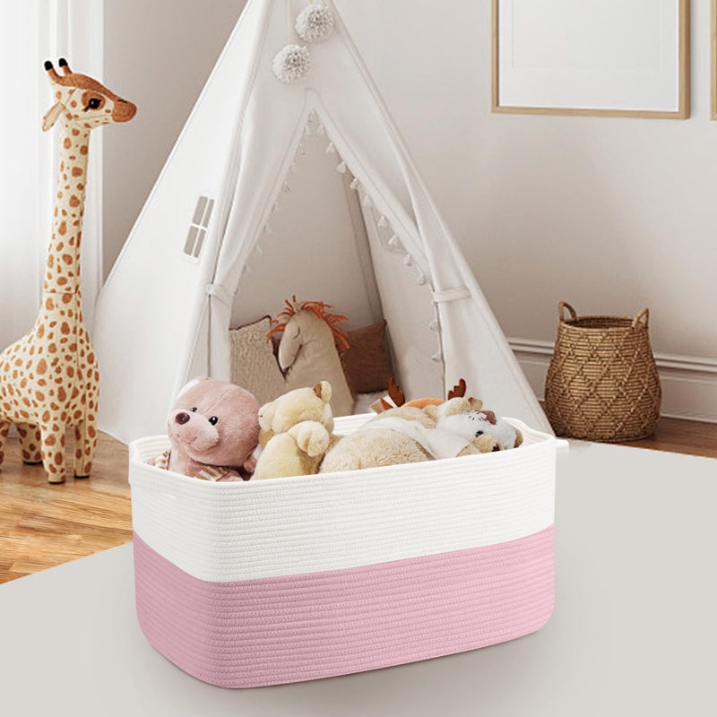 MEGASKET Large Pink Storage Basket, 22" x 17" x 12" Rectangle Cotton Rope Bin for Organizing, Woven Blanket storage for Living Room, Kids Toy Bin Box, Decorative Nursery Storage, Pink Room Decor - Image 5