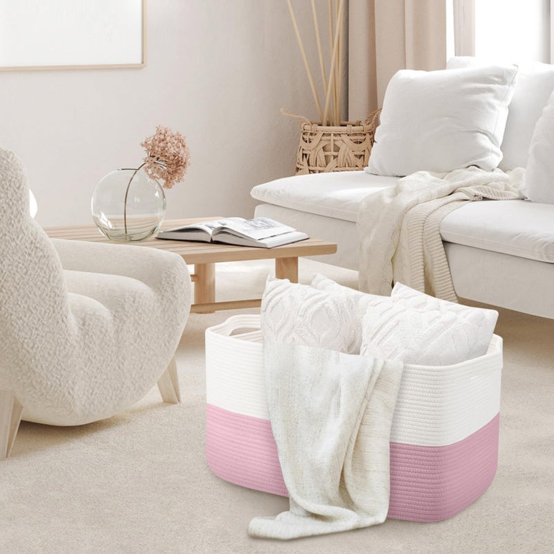MEGASKET Large Pink Storage Basket, 22" x 17" x 12" Rectangle Cotton Rope Bin for Organizing, Woven Blanket storage for Living Room, Kids Toy Bin Box, Decorative Nursery Storage, Pink Room Decor - Image 3