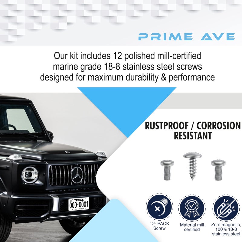 PRIME AVE Stainless Steel License Plate Screws for License Plates, Frames, Covers - Rust Proof Licence Plate Screw Set for Front/Rear - Compatible with Mercedes Benz (Pack of 12) - Image 3