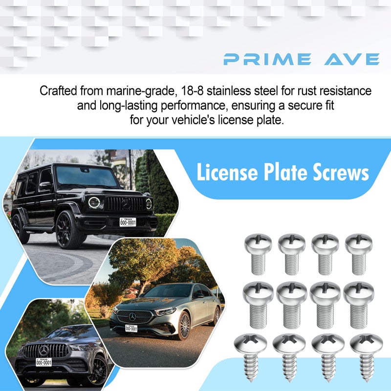 PRIME AVE Stainless Steel License Plate Screws for License Plates, Frames, Covers - Rust Proof Licence Plate Screw Set for Front/Rear - Compatible with Mercedes Benz (Pack of 12) - Image 5