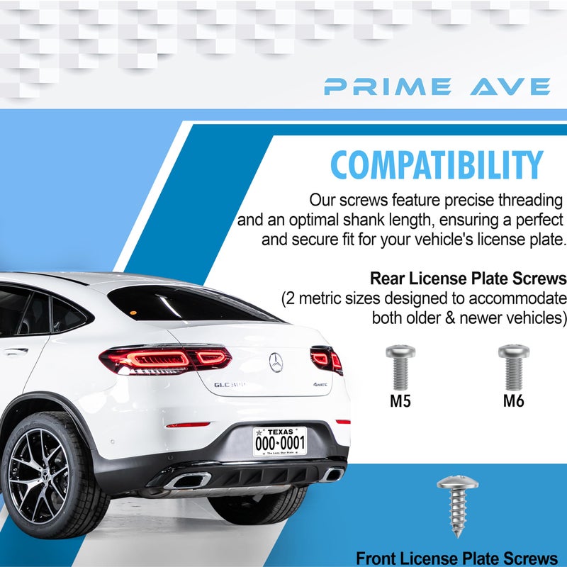 PRIME AVE Stainless Steel License Plate Screws for License Plates, Frames, Covers - Rust Proof Licence Plate Screw Set for Front/Rear - Compatible with Mercedes Benz (Pack of 12) - Image 2