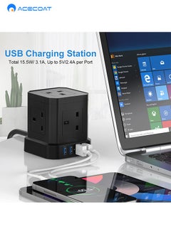 ACECOAT Cube 2m Extension Cord with USB Sockets, 5-Way Plug Extension Cord with 4 USB (3.1A), Black Multi-Plug Power Strip Extension Cord, 3250W/13A UK Power Socket Extension Cord for Desk, Home Office, Travel  - Image 4