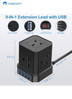 ACECOAT Cube 2m Extension Cord with USB Sockets, 5-Way Plug Extension Cord with 4 USB (3.1A), Black Multi-Plug Power Strip Extension Cord, 3250W/13A UK Power Socket Extension Cord for Desk, Home Office, Travel  - Image 3