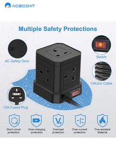 ACECOAT Cube 2m Extension Cord with USB Sockets, 5-Way Plug Extension Cord with 4 USB (3.1A), Black Multi-Plug Power Strip Extension Cord, 3250W/13A UK Power Socket Extension Cord for Desk, Home Office, Travel  - Image 5