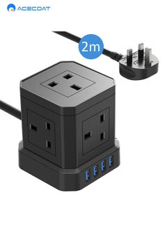 ACECOAT Cube 2m Extension Cord with USB Sockets, 5-Way Plug Extension Cord with 4 USB (3.1A), Black Multi-Plug Power Strip Extension Cord, 3250W/13A UK Power Socket Extension Cord for Desk, Home Office, Travel  - Image 1