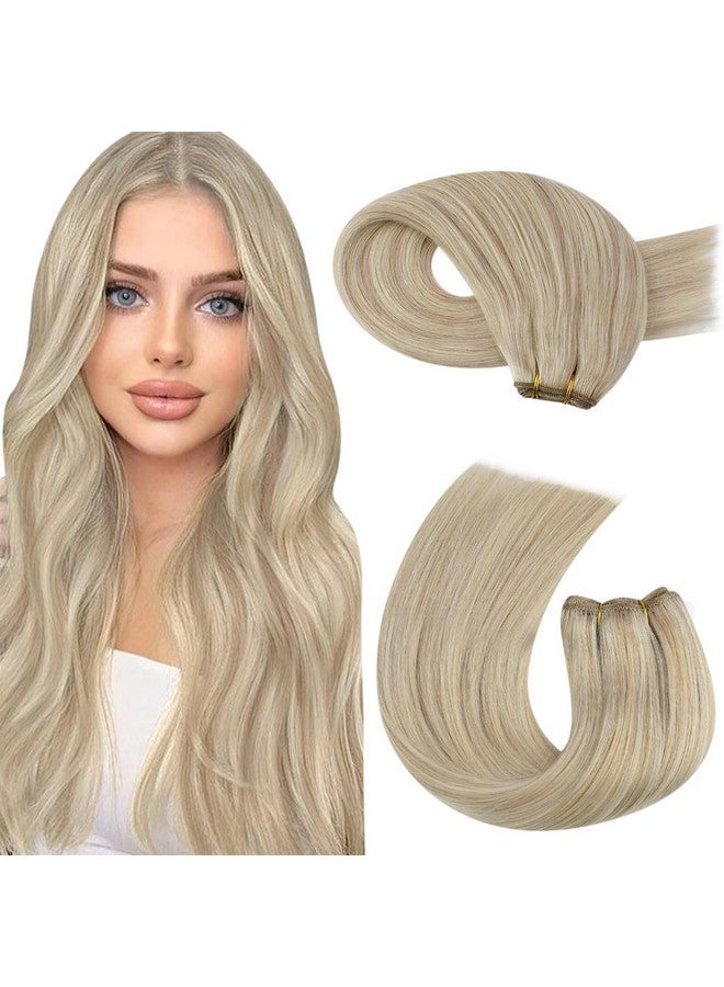 Moresoo Sew In Hair Extensions Ash Blonde Highlight Human Hair Sew In Extensions Hair Wefts Human Hair Ash Blonde Mixed With Bleach Blonde Real Hair Extensions Sew In 18 Inch 100G Per Pack P18/613 - Image 1