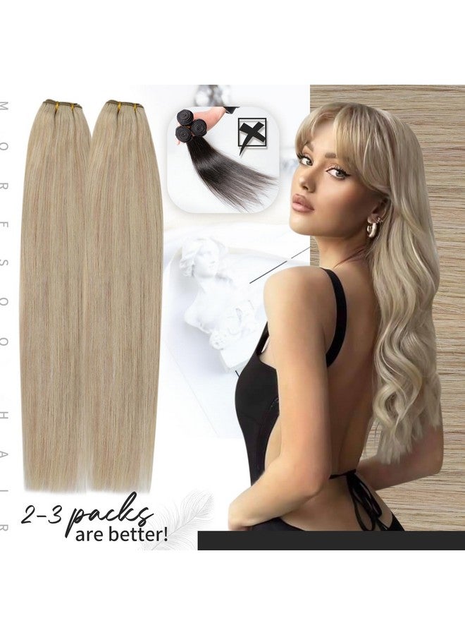 Moresoo Sew In Hair Extensions Ash Blonde Highlight Human Hair Sew In Extensions Hair Wefts Human Hair Ash Blonde Mixed With Bleach Blonde Real Hair Extensions Sew In 18 Inch 100G Per Pack P18/613 - Image 5