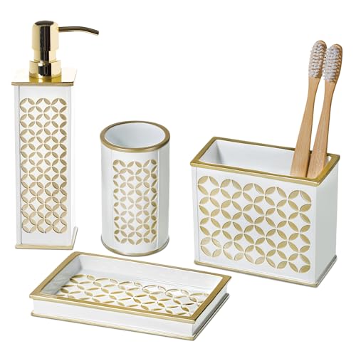 Creative Scents Diamond Lattice White Bathroom Accessories Set - Decorative 4 Piece Bathroom Accessory Set Includes: Soap Dispenser, Toothbrush Holder, Soap Dish and Tumbler, Gift Packaged - Image 1