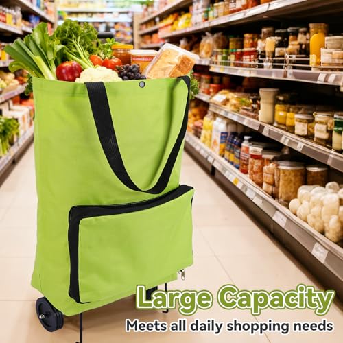 Vikooyes Collapsible Shopping Grocery Bag with Wheels Rolling Tote Bag with Wheels Large Reusable Shopping Bags Foldable Cart (Green) - Image 5