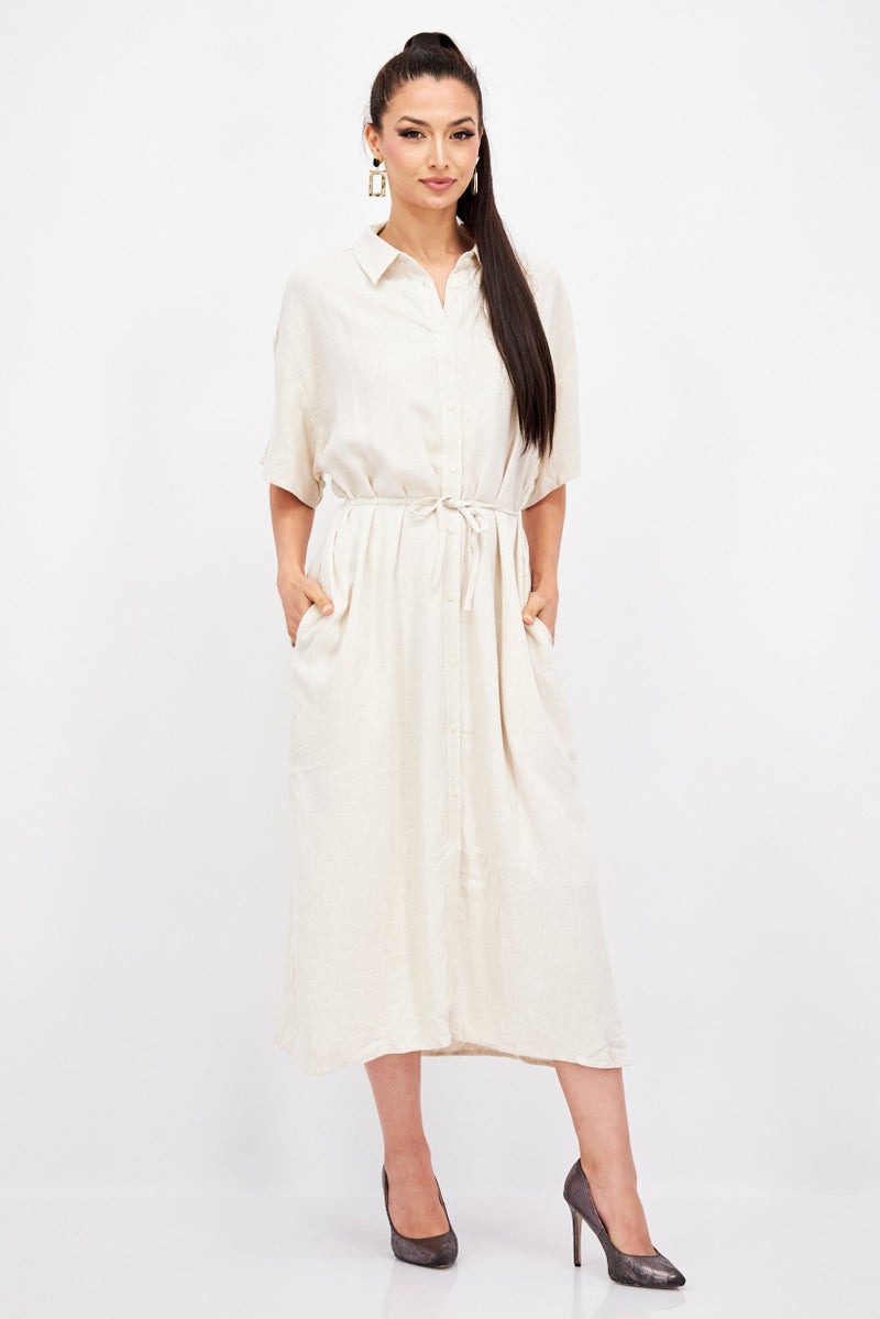 Weekday Women Corinna Linen Belted Tie Short Sleeve Shirts Dress, Oatmeal - Image 1