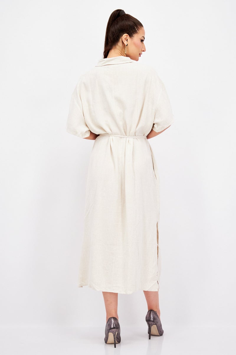 Weekday Women Corinna Linen Belted Tie Short Sleeve Shirts Dress, Oatmeal - Image 2